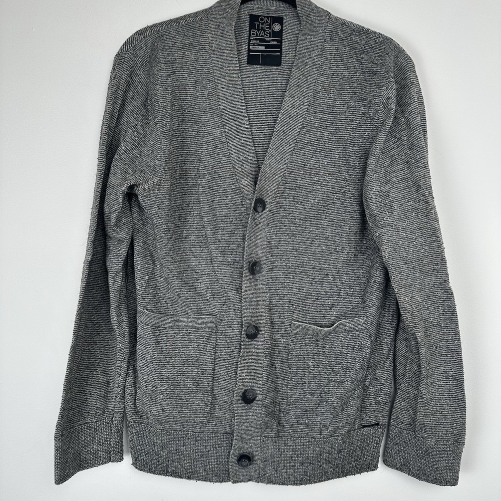 On The Byas Men's Cardigan Size Small Gray Micro Striped Grandpa‎ Casual Office